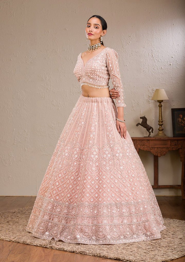 Baby Pink Silver Stonework Net Readymade Lehenga-Koskii