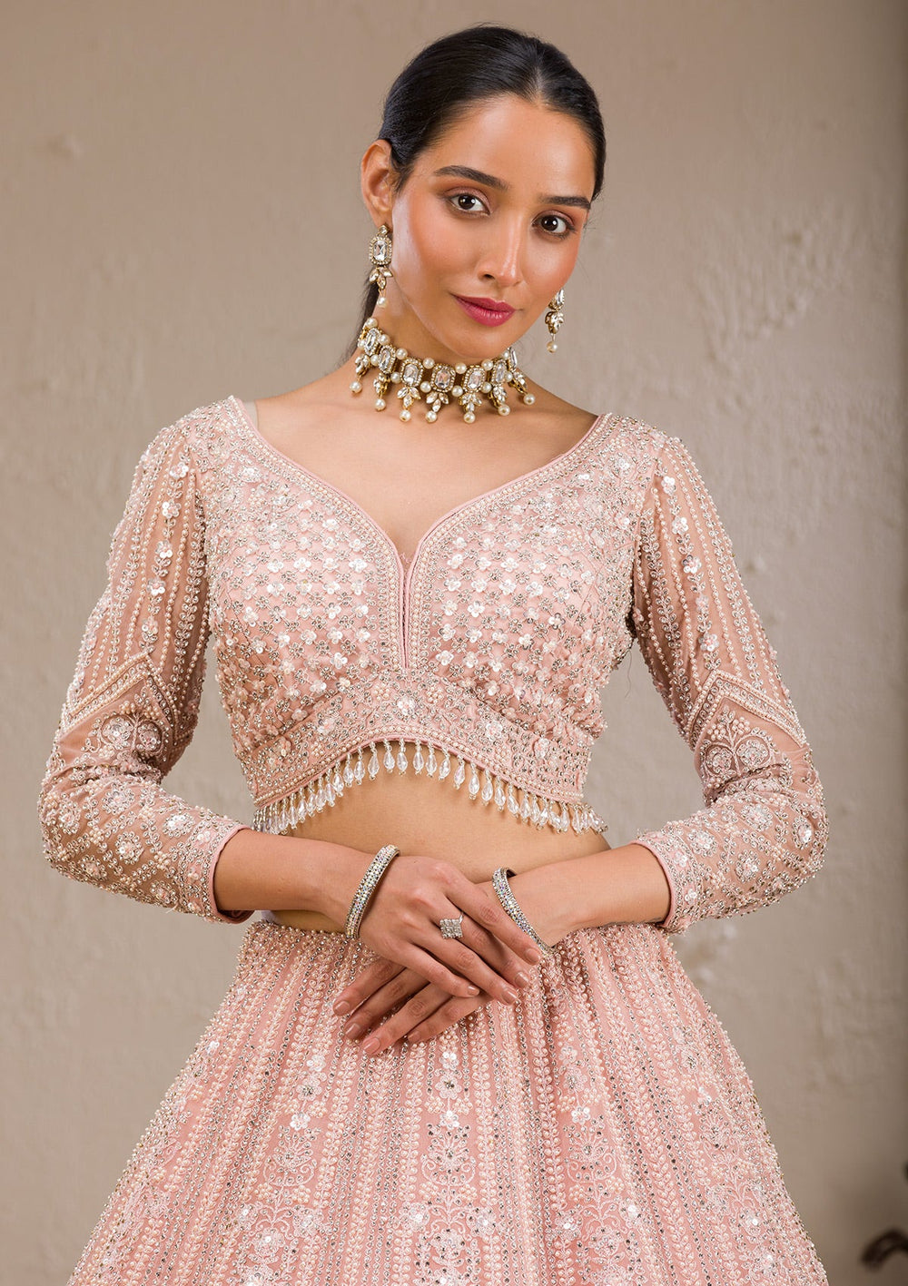 Baby Pink Silver Stonework Net Readymade Lehenga-Koskii