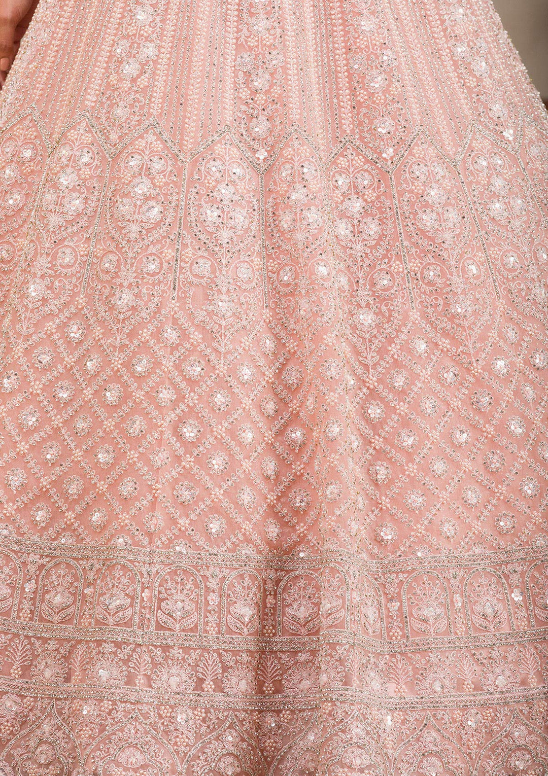 Baby Pink Silver Stonework Net Readymade Lehenga-Koskii