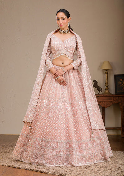 Baby Pink Silver Stonework Net Readymade Lehenga-Koskii