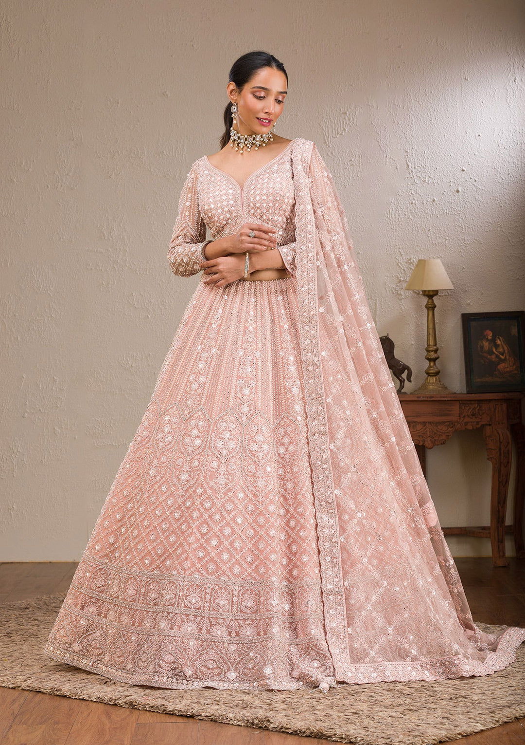 Baby Pink Silver Stonework Net Readymade Lehenga-Koskii