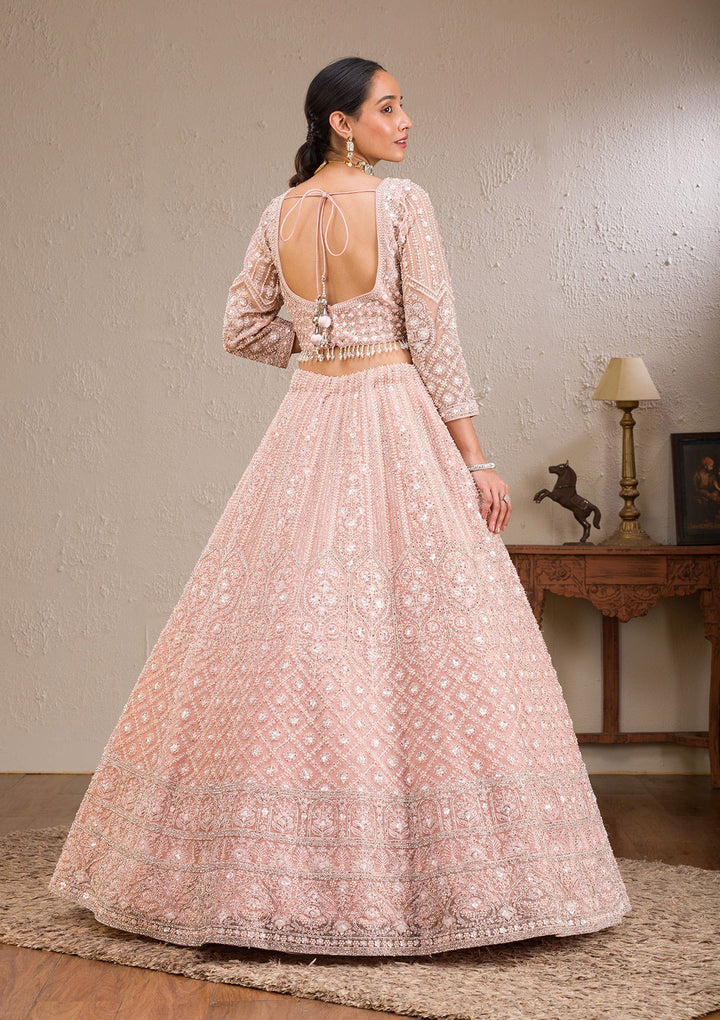 Baby Pink Silver Stonework Net Readymade Lehenga-Koskii