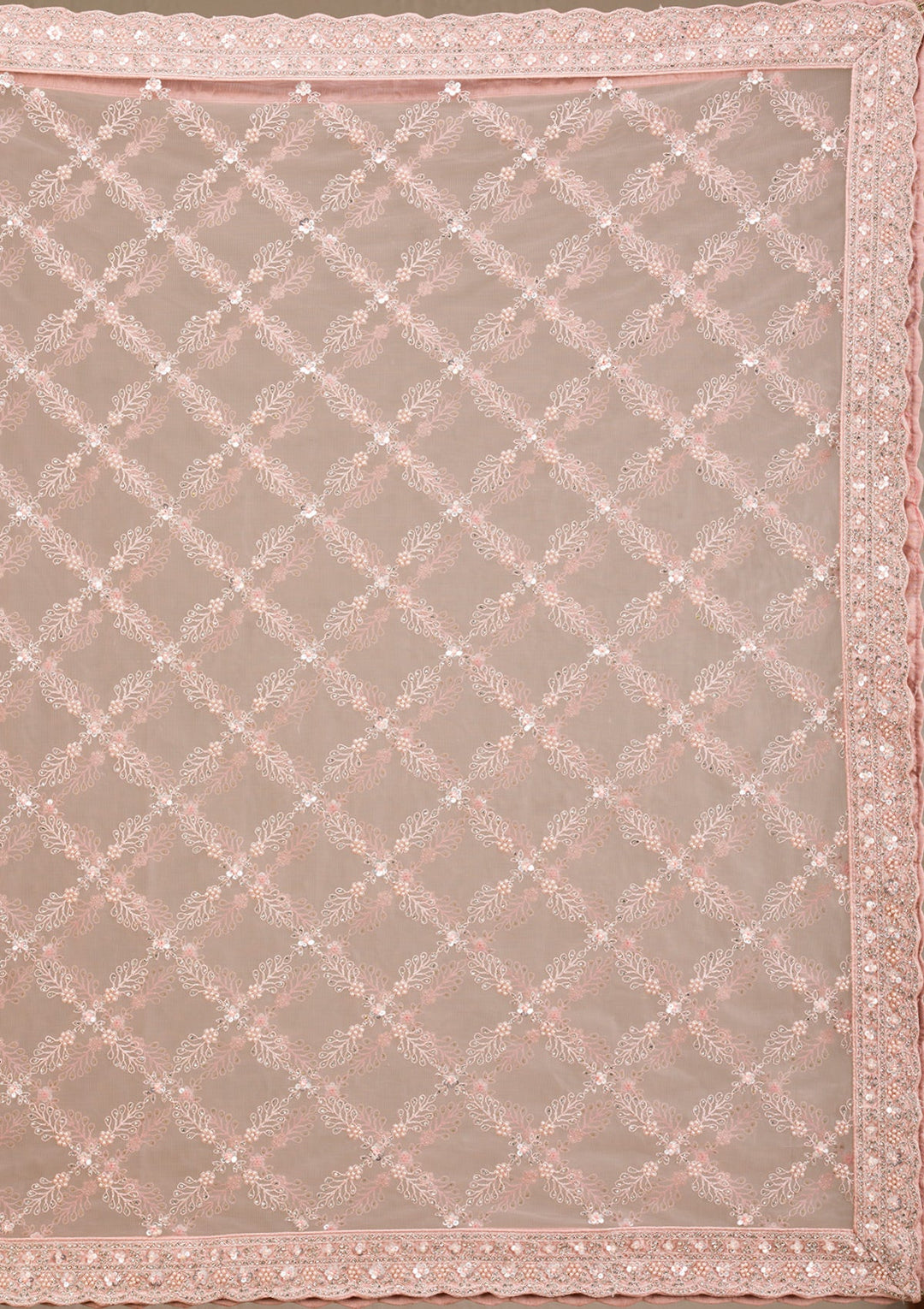 Baby Pink Silver Stonework Net Readymade Lehenga-Koskii