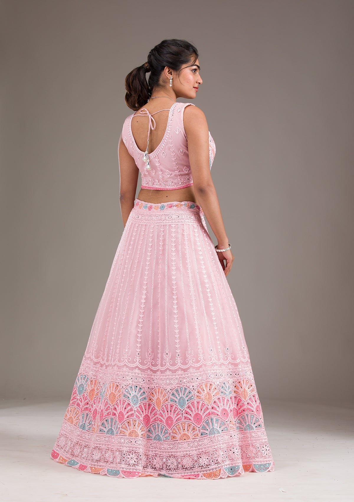 Baby Pink Silver Zariwork Net Readymade Lehenga-Koskii