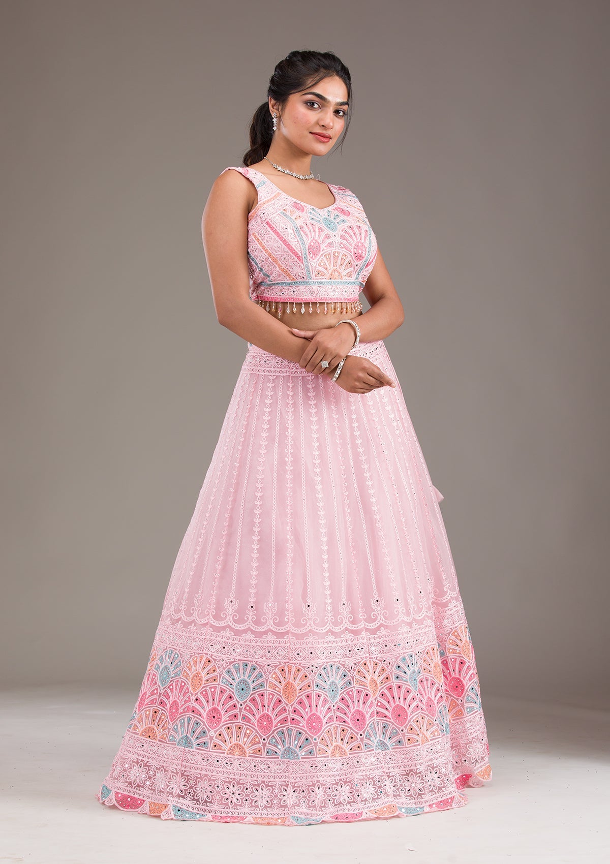 Baby Pink Silver Zariwork Net Readymade Lehenga-Koskii