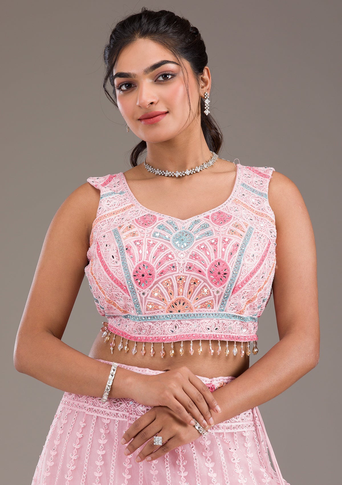 Baby Pink Silver Zariwork Net Readymade Lehenga-Koskii