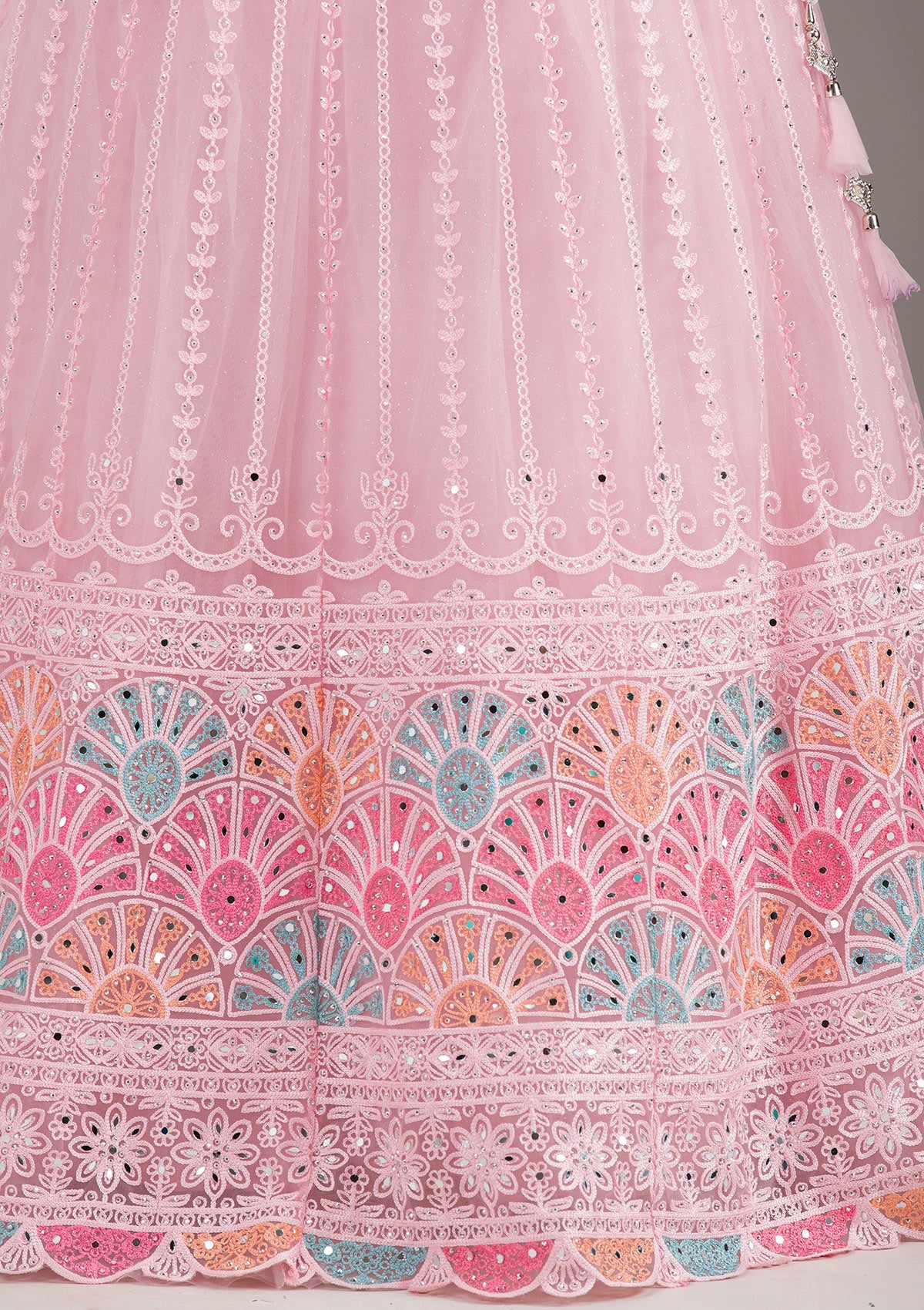 Baby Pink Silver Zariwork Net Readymade Lehenga-Koskii