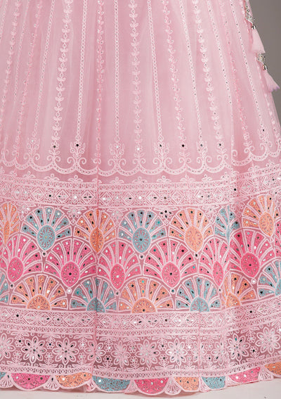 Baby Pink Silver Zariwork Net Readymade Lehenga-Koskii