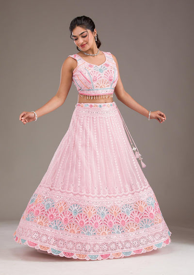 Baby Pink Silver Zariwork Net Readymade Lehenga-Koskii