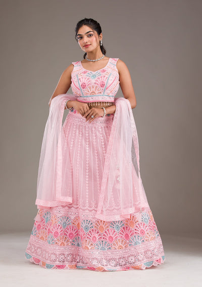 Baby Pink Silver Zariwork Net Readymade Lehenga-Koskii