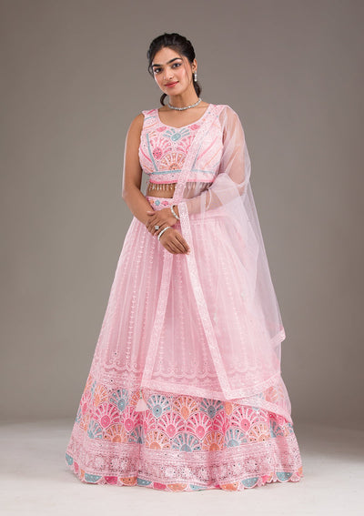 Baby Pink Silver Zariwork Net Readymade Lehenga-Koskii