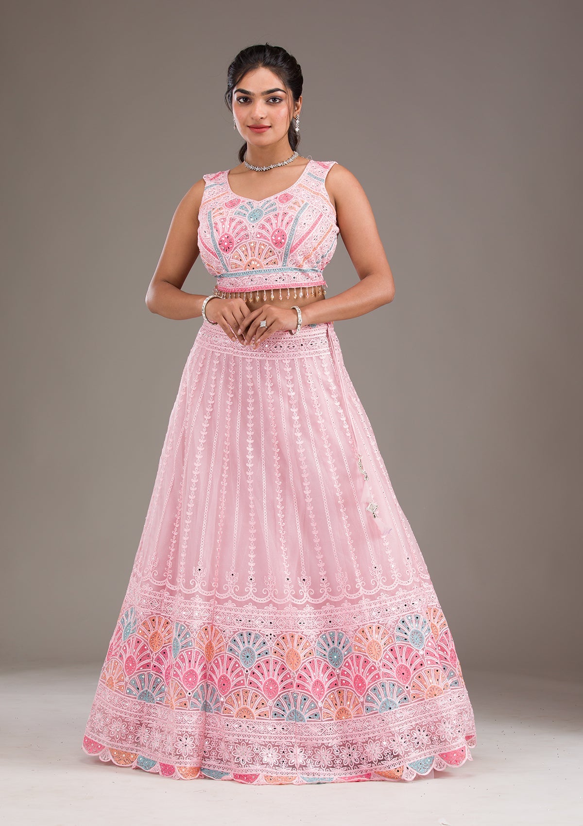 Baby Pink Silver Zariwork Net Readymade Lehenga-Koskii