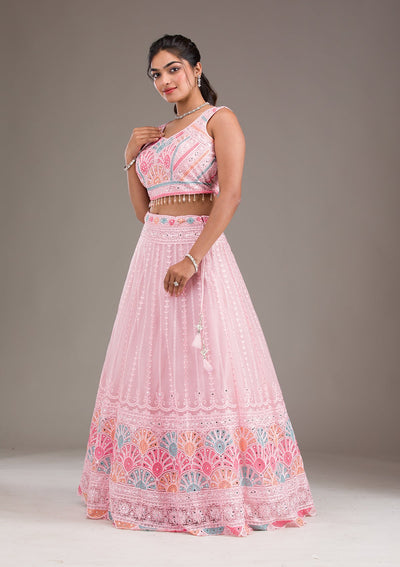 Baby Pink Silver Zariwork Net Readymade Lehenga-Koskii