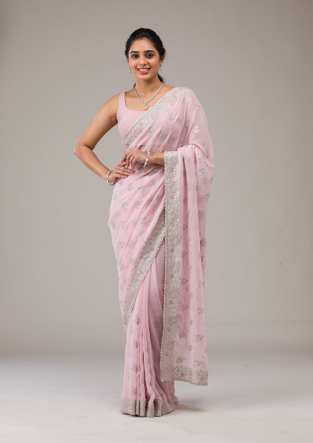 Baby Pink Stonework Georgette Saree-Koskii