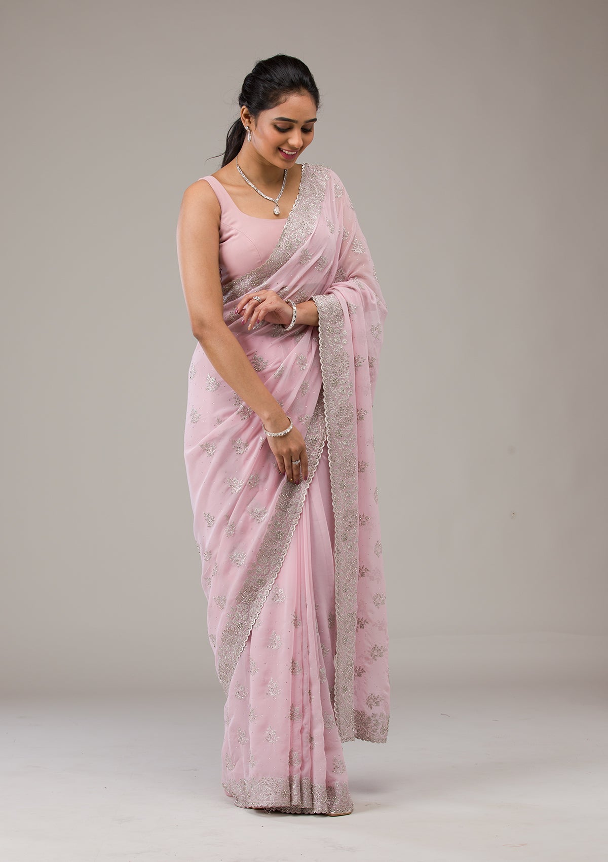 Baby Pink Stonework Georgette Saree-Koskii