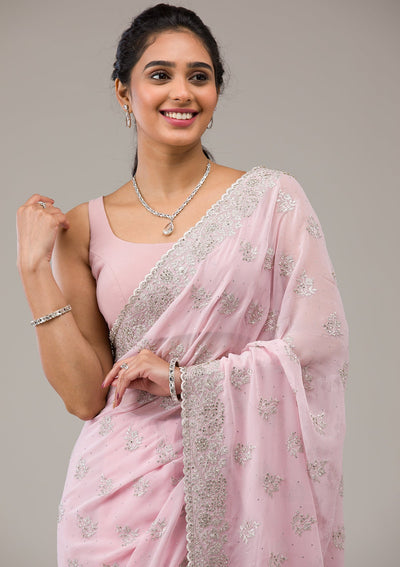 Baby Pink Stonework Georgette Saree-Koskii