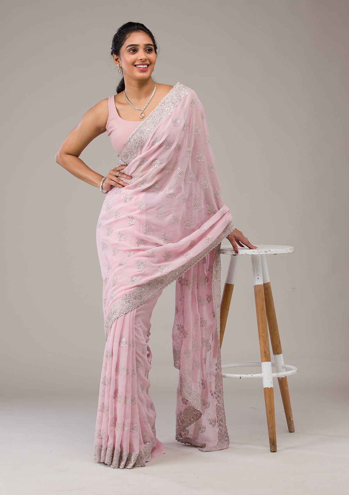 Baby Pink Stonework Georgette Saree-Koskii