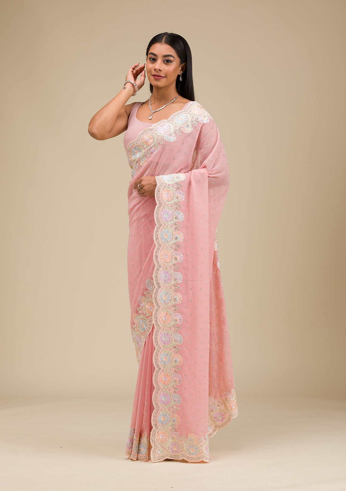 Peach Stonework Georgette Saree-Koskii