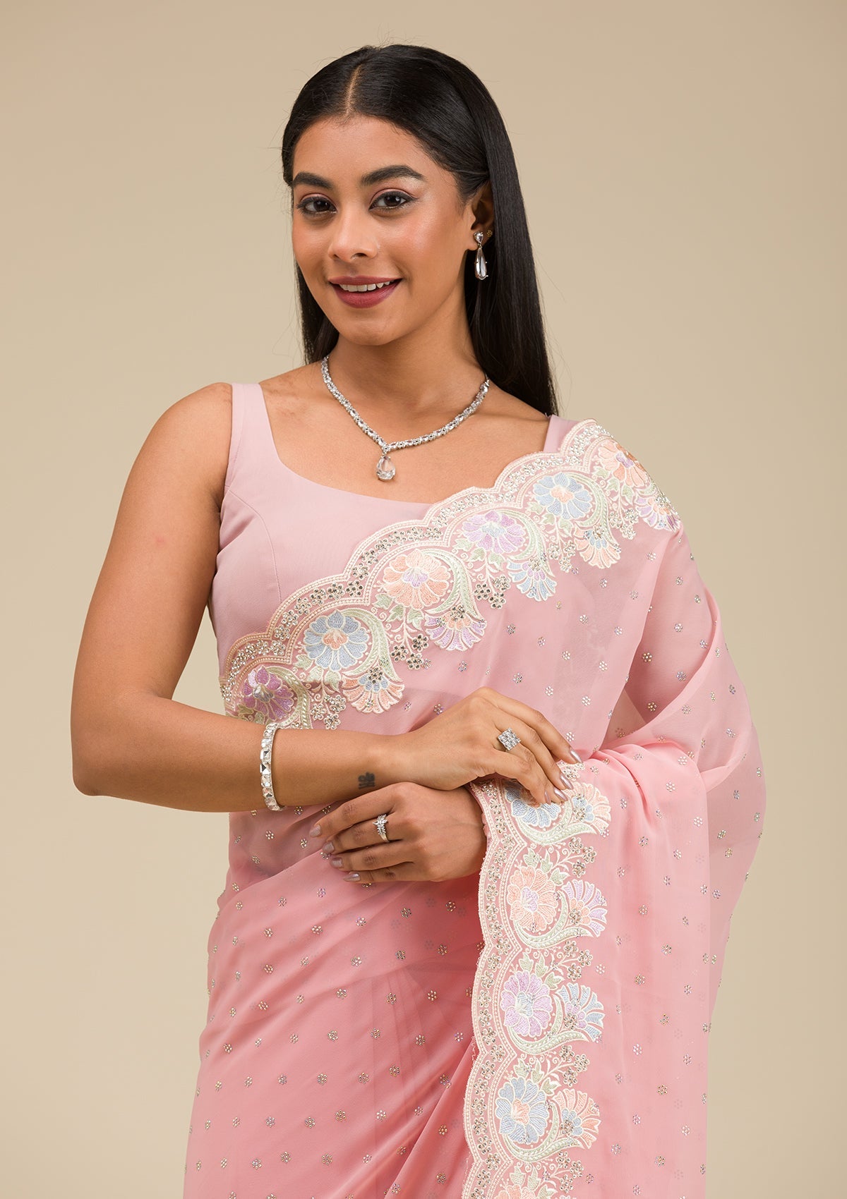 Peach Stonework Georgette Saree-Koskii