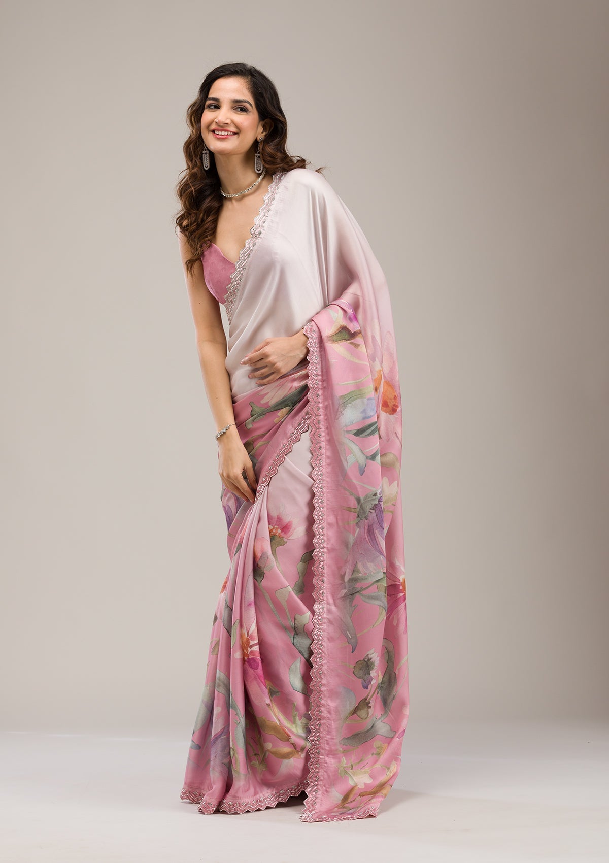 Baby Pink Stonework Georgette Saree-Koskii