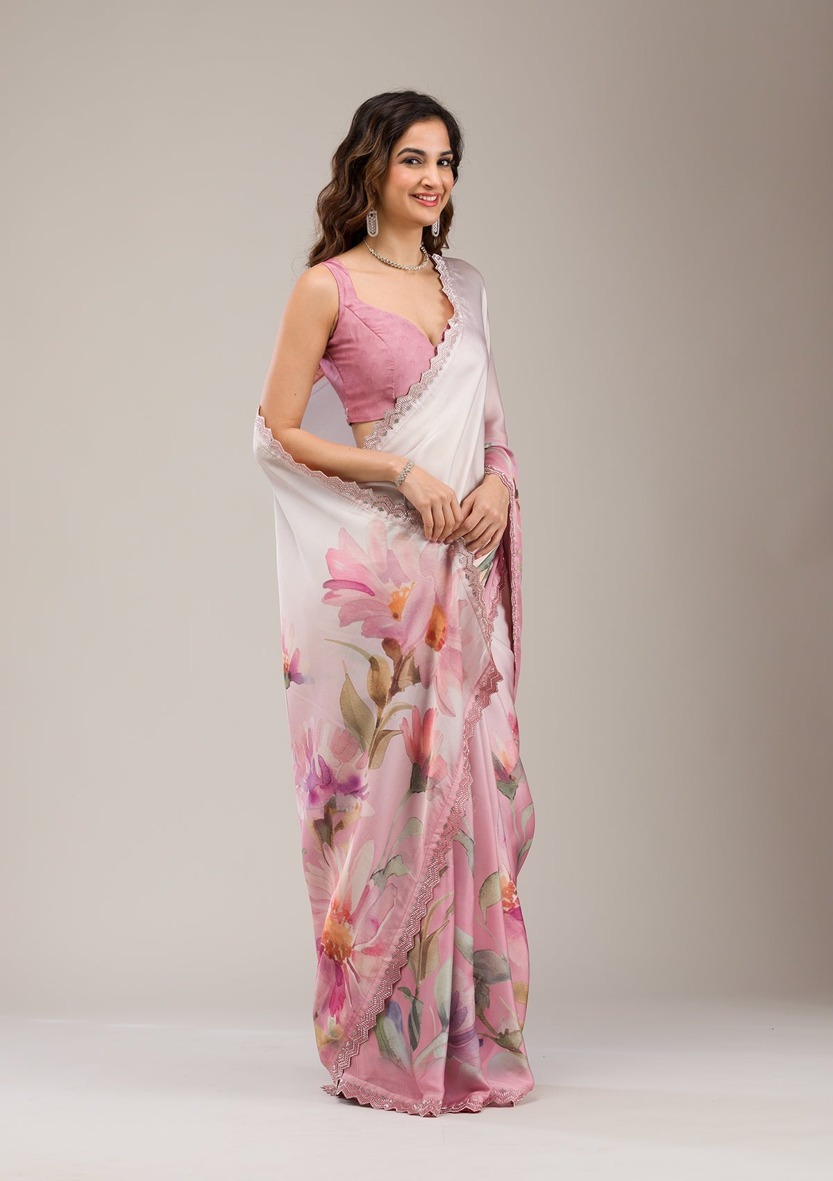 Baby Pink Stonework Georgette Saree-Koskii