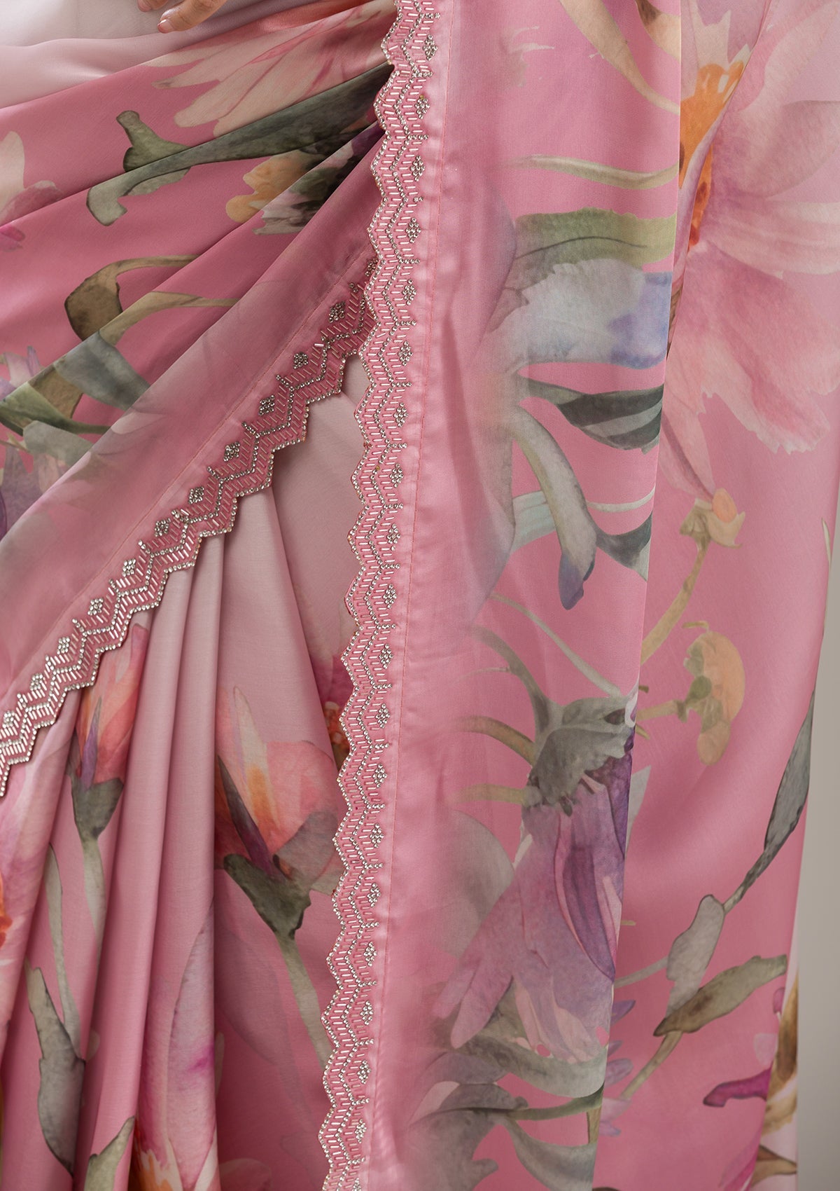 Baby Pink Stonework Georgette Saree-Koskii