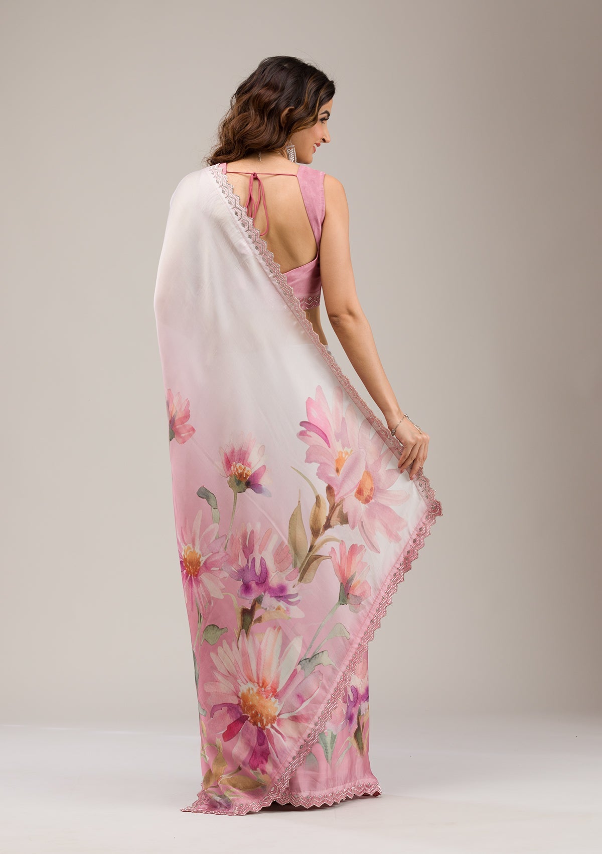 Baby Pink Stonework Georgette Saree-Koskii