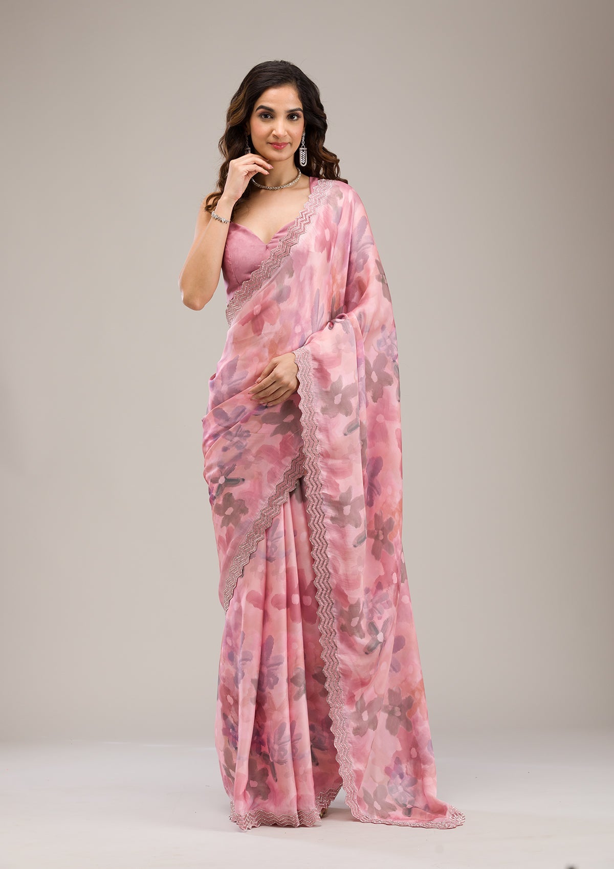 Baby Pink Stonework Georgette Saree-Koskii