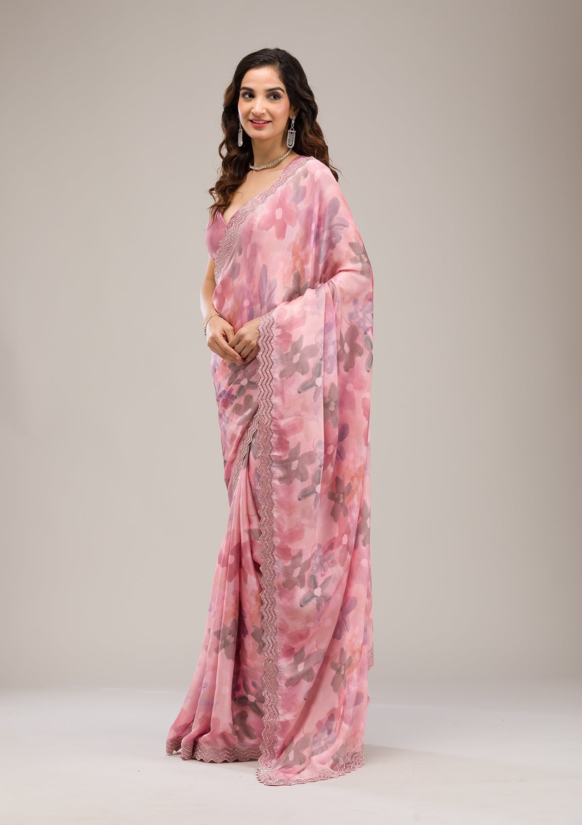 Baby Pink Stonework Georgette Saree-Koskii