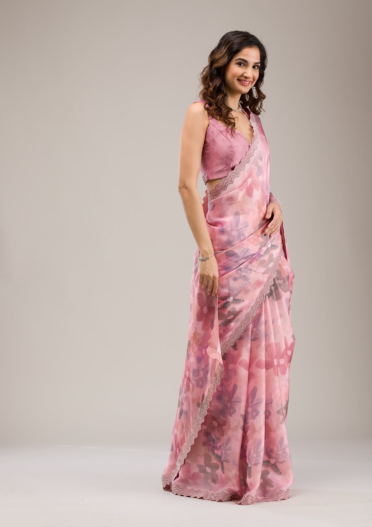 Baby Pink Stonework Georgette Saree-Koskii