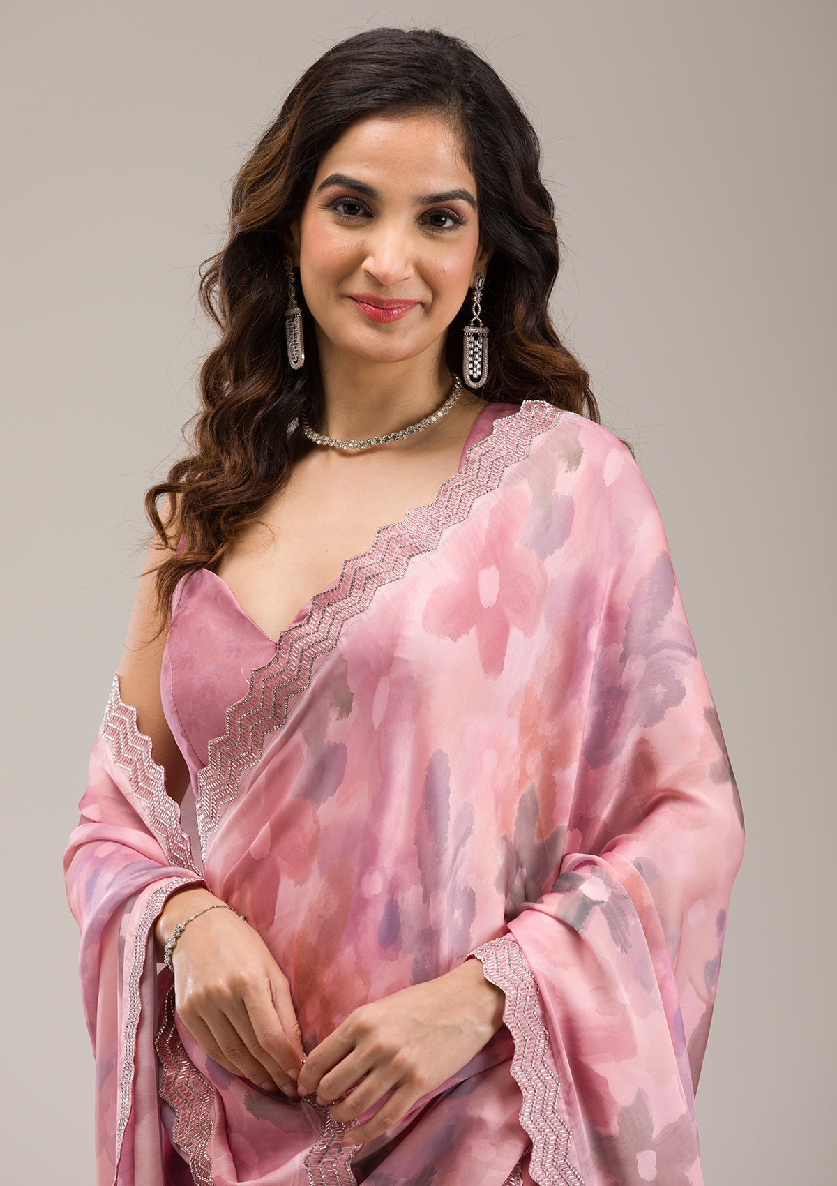 Baby Pink Stonework Georgette Saree-Koskii