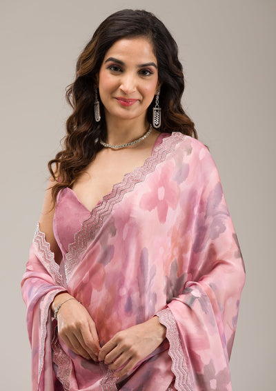 Baby Pink Stonework Georgette Saree-Koskii