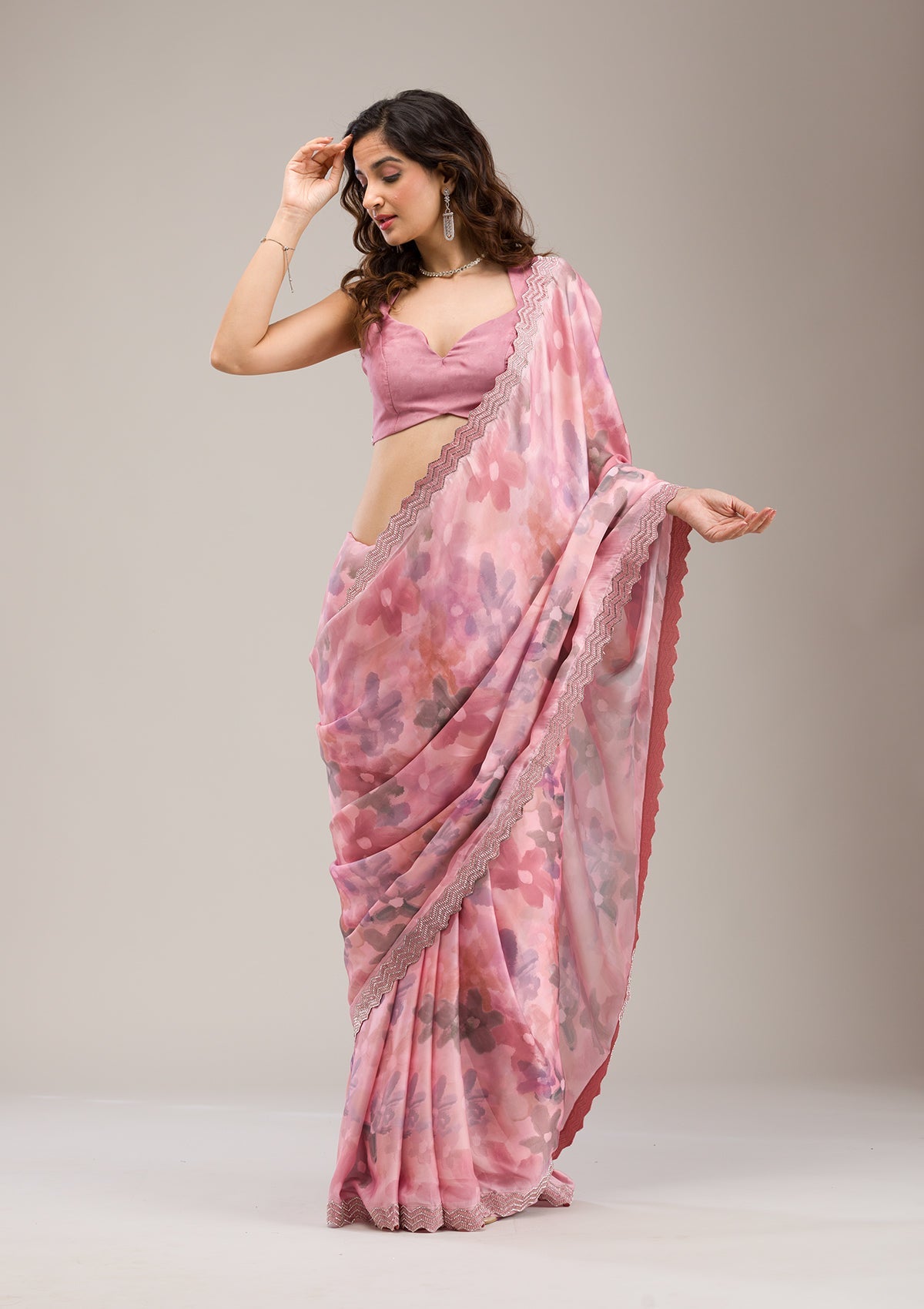 Baby Pink Stonework Georgette Saree-Koskii