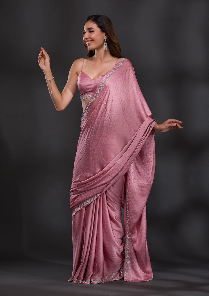 Baby Pink Stonework Satin Saree-Koskii
