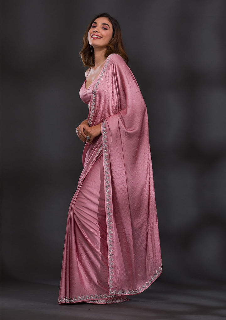 Baby Pink Stonework Satin Saree-Koskii