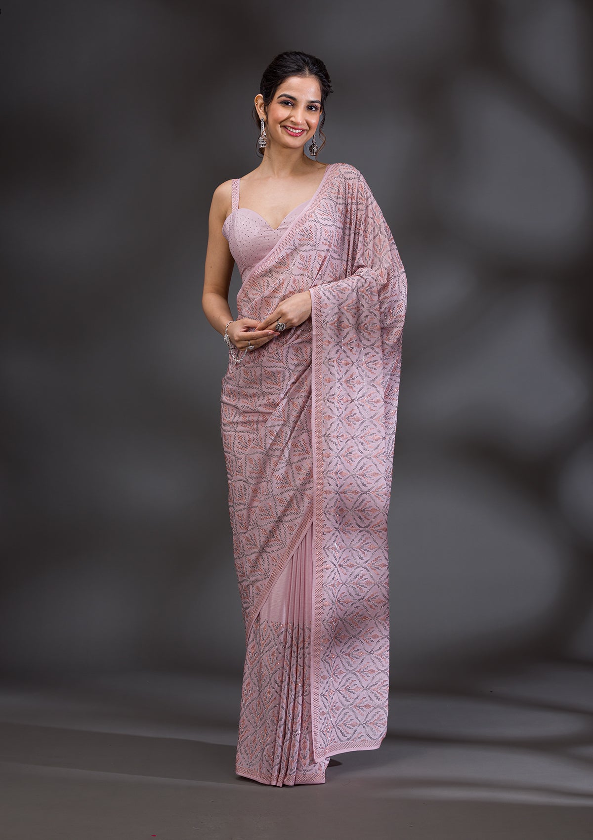 Baby Pink Stonework Satin Saree-Koskii