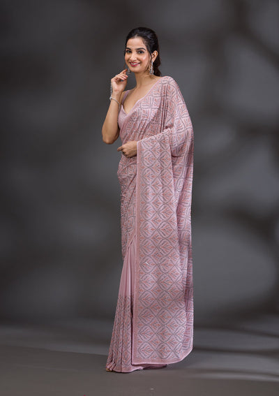 Baby Pink Stonework Satin Saree-Koskii