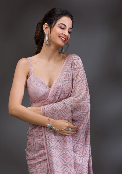 Baby Pink Stonework Satin Saree-Koskii