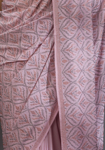 Baby Pink Stonework Satin Saree-Koskii