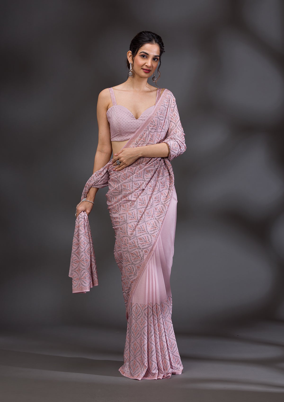 Baby Pink Stonework Satin Saree-Koskii