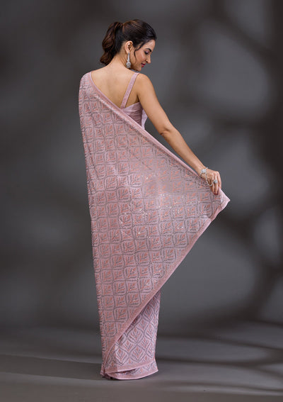 Baby Pink Stonework Satin Saree-Koskii