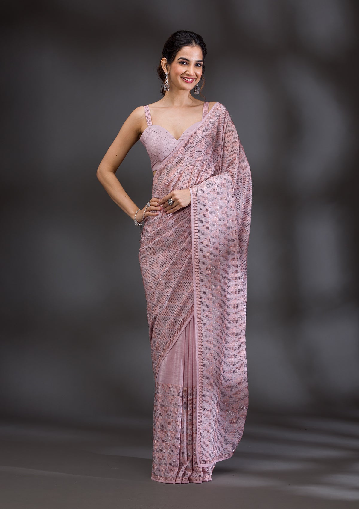 Baby Pink Stonework Satin Saree-Koskii