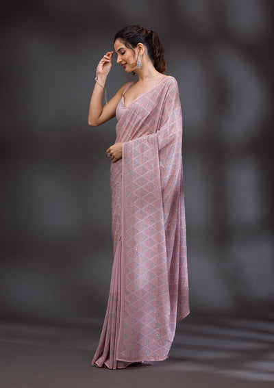 Baby Pink Stonework Satin Saree-Koskii