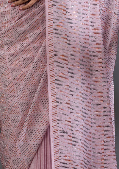 Baby Pink Stonework Satin Saree-Koskii