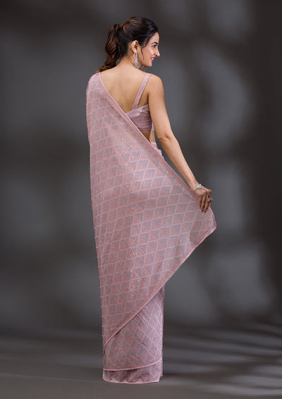 Baby Pink Stonework Satin Saree-Koskii