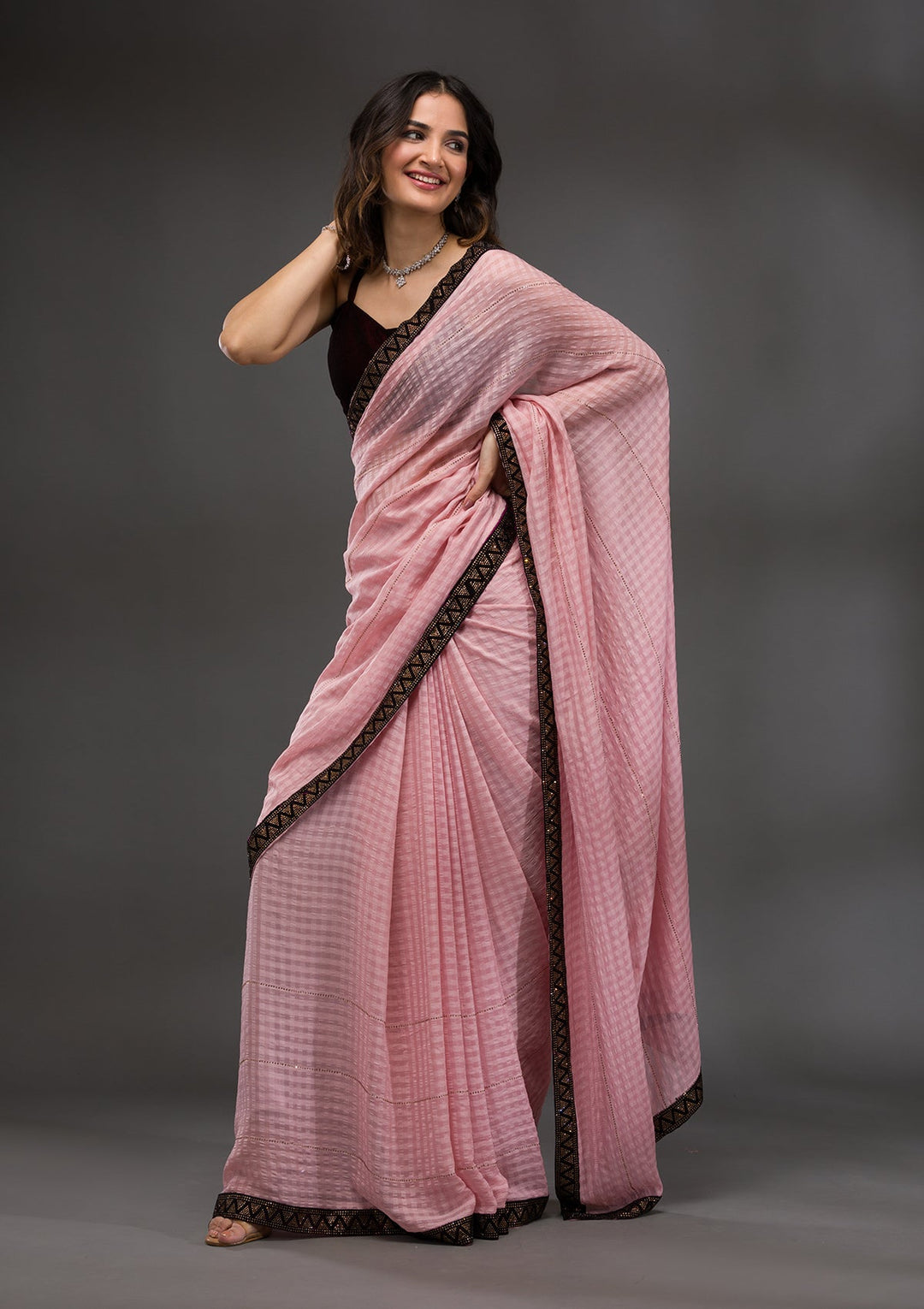 Baby Pink Swarovski Georgette Saree-Koskii