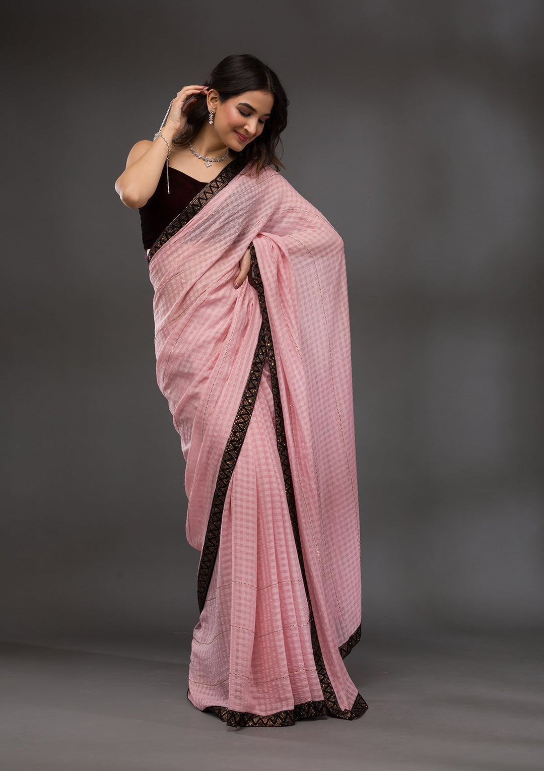 Baby Pink Swarovski Georgette Saree-Koskii