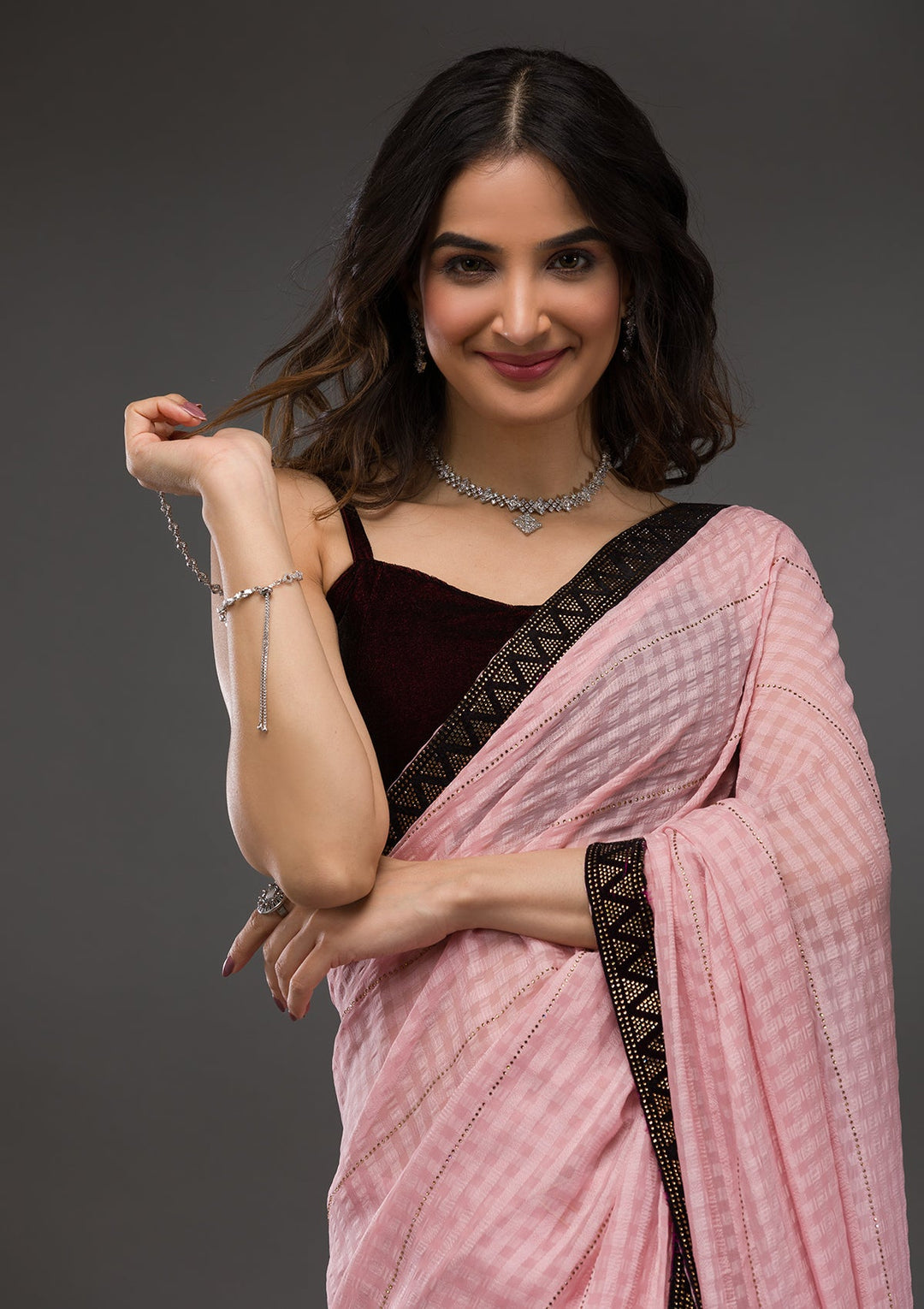 Baby Pink Swarovski Georgette Saree-Koskii
