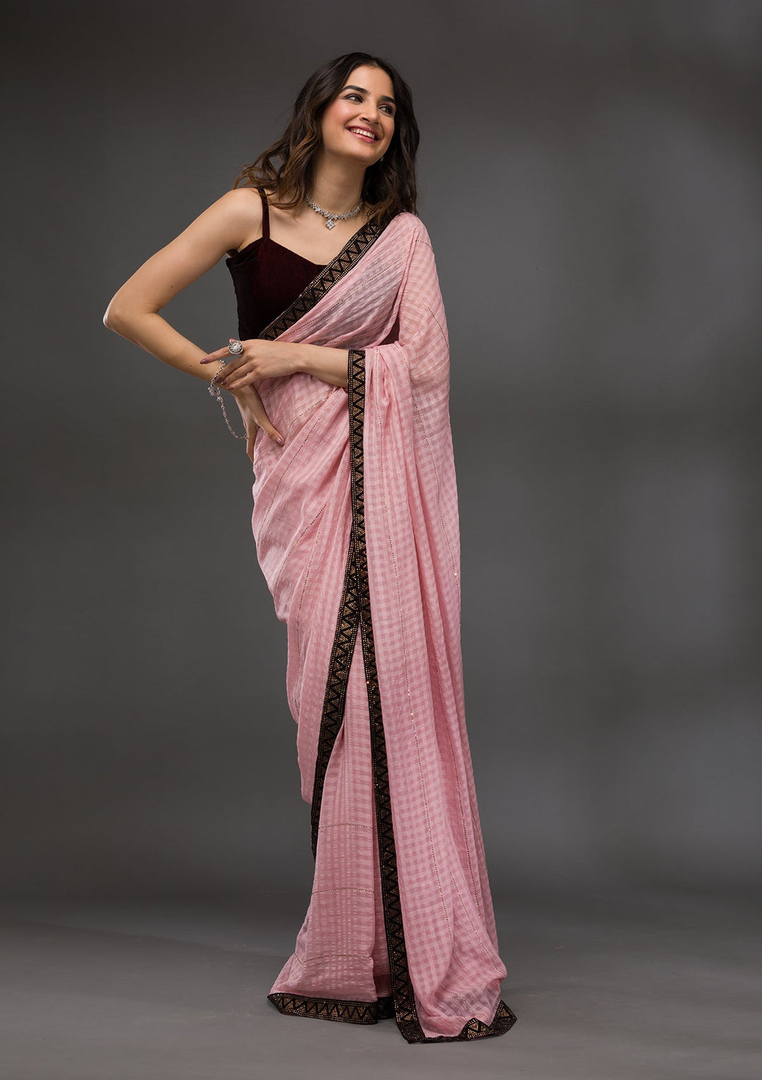 Baby Pink Swarovski Georgette Saree-Koskii