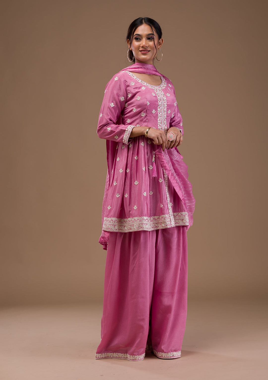Baby Pink Threadwork Art Silk Readymade Salwar Suit-Koskii